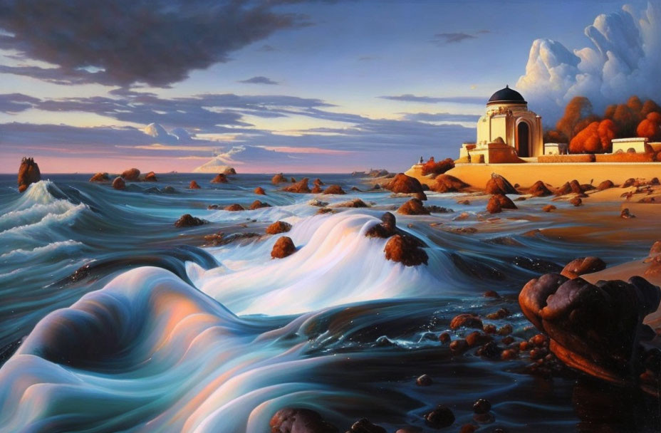 Surreal painting of vibrant wave-like clouds over rocky shore