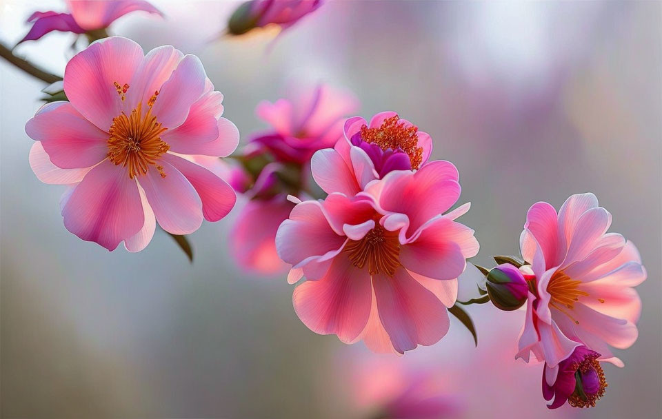 Vibrant pink flowers with yellow centers on soft-focused background