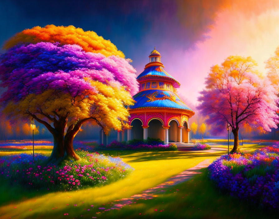 Colorful Landscape with Blossoming Trees and Dome-Shaped Pavilion