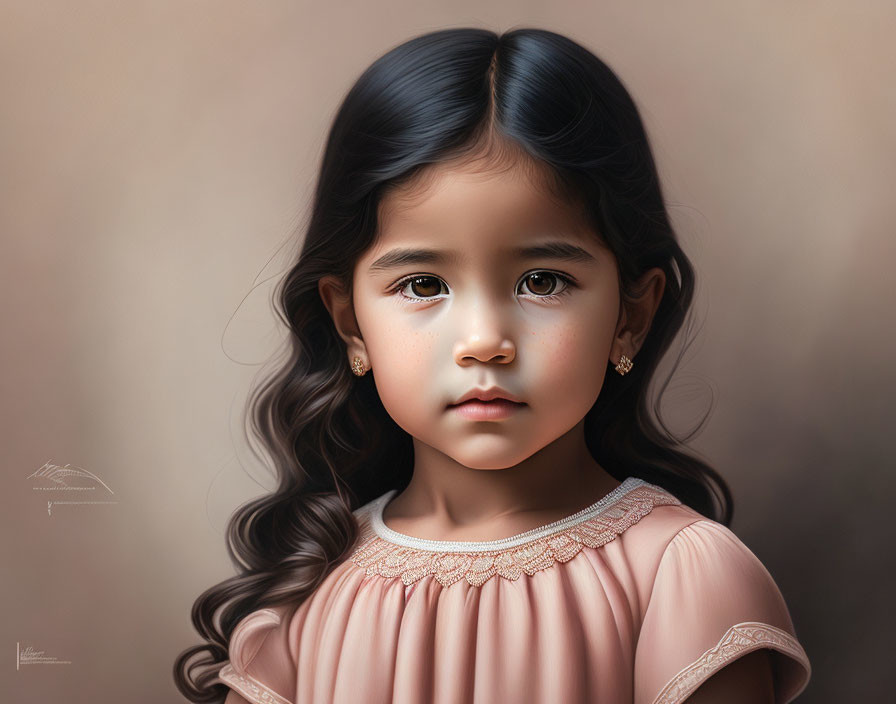 Young girl digital portrait with long wavy hair and pink dress