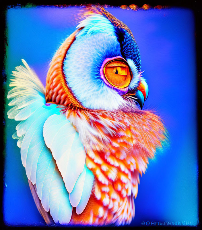 Colorful Stylized Owl Artwork with Vibrant Blue and Orange Hues