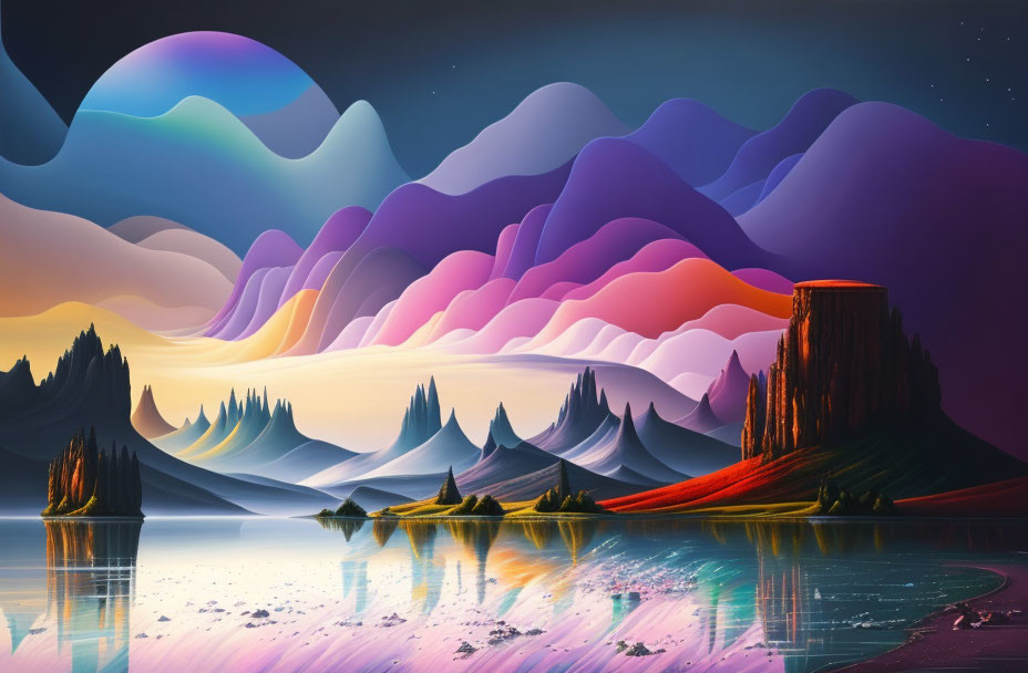 Colorful Landscape with Layered Mountains, Reflective Lake, Monoliths, and Surreal Sky