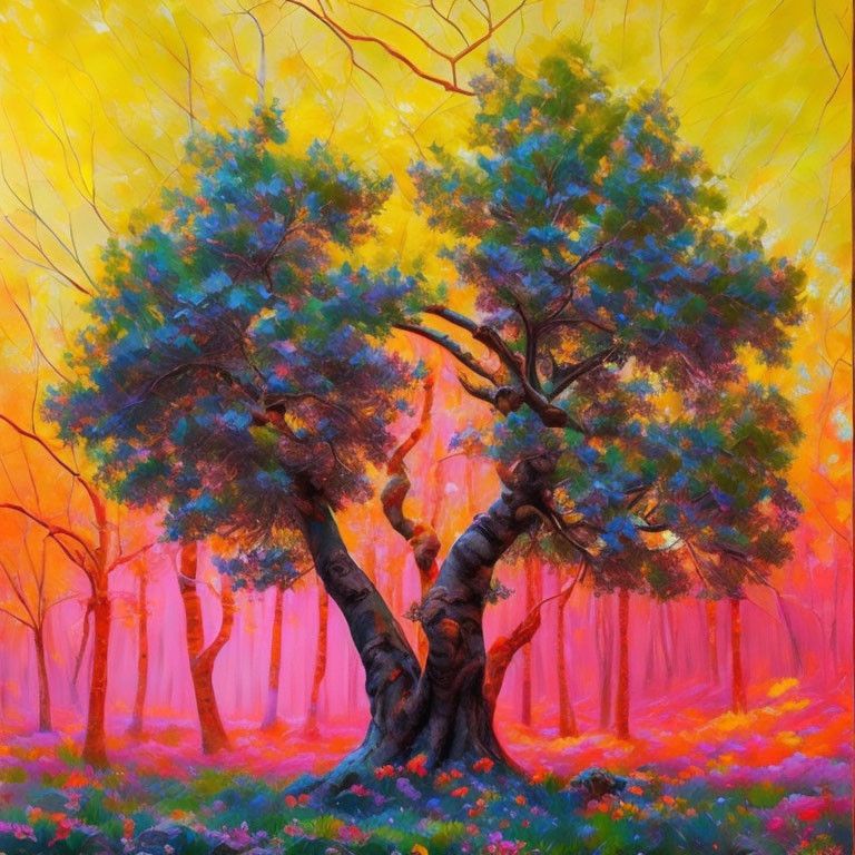 Colorful painting of twisted tree in vibrant forest scene