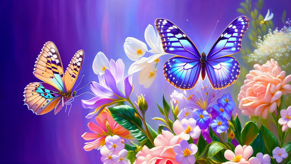 Colorful butterflies and flowers digital artwork on purple background