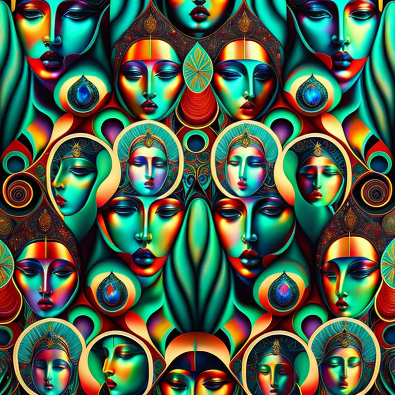 Colorful Digital Artwork: Symmetrical Faces & Ornamental Elements