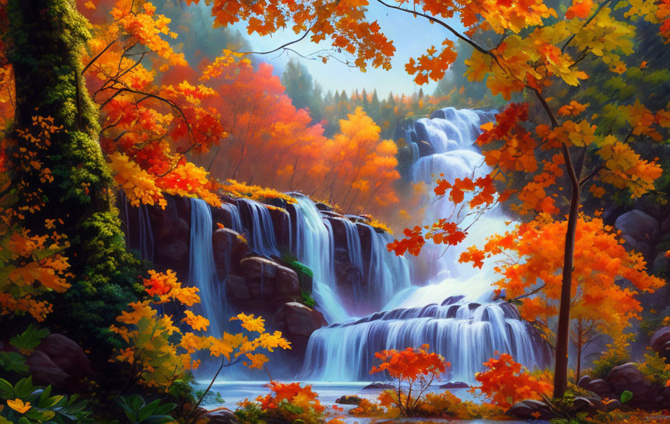 Colorful autumn landscape with cascading waterfall and trees.