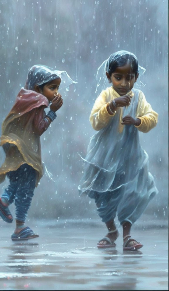 Young children walking in the rain, one protecting with hands, the other covering mouth.