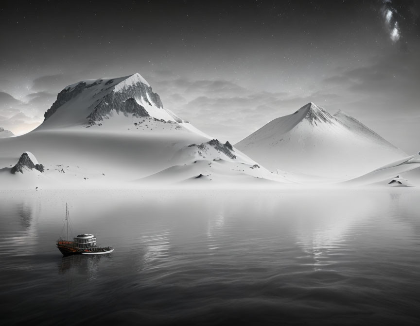 Tranquil landscape with boat on calm waters and snow-covered mountains under dusky sky