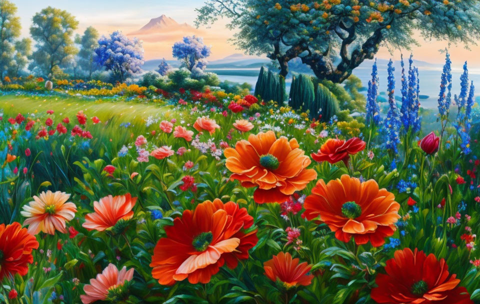 Colorful Flower Field Painting with Tree, Hills & Mountain