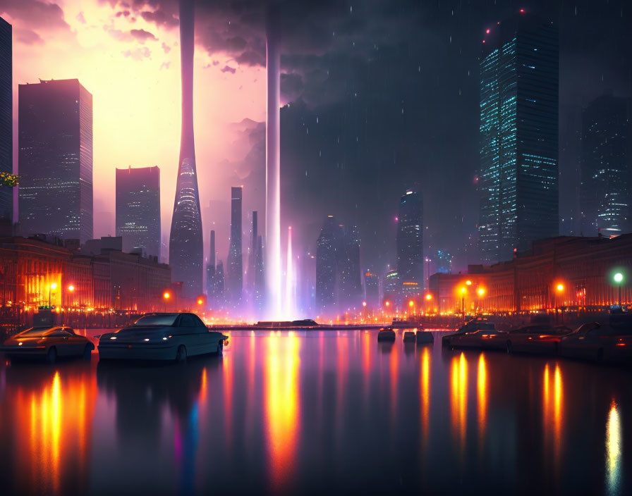 Futuristic cityscape at dusk with neon lights and glowing towers