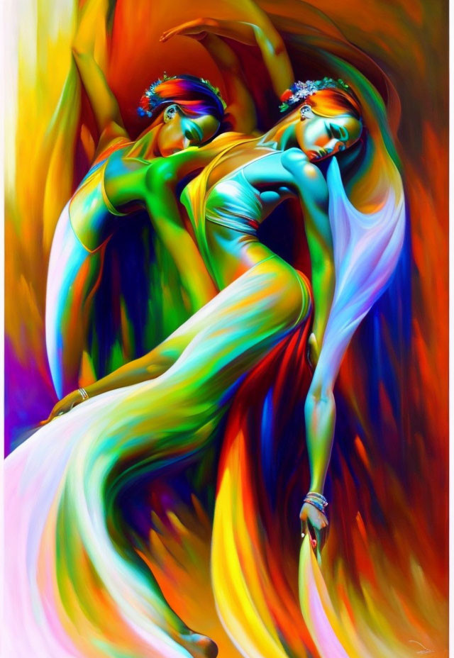 Colorful artwork featuring two dancers in fluid motion with headpieces in abstract swirl.