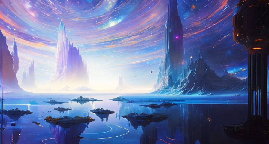 Fantasy landscape with crystalline structures, galaxies, water, and futuristic architecture