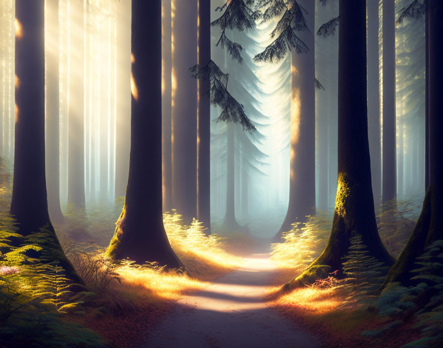 Misty forest with sunlight filtering through, creating a serene atmosphere