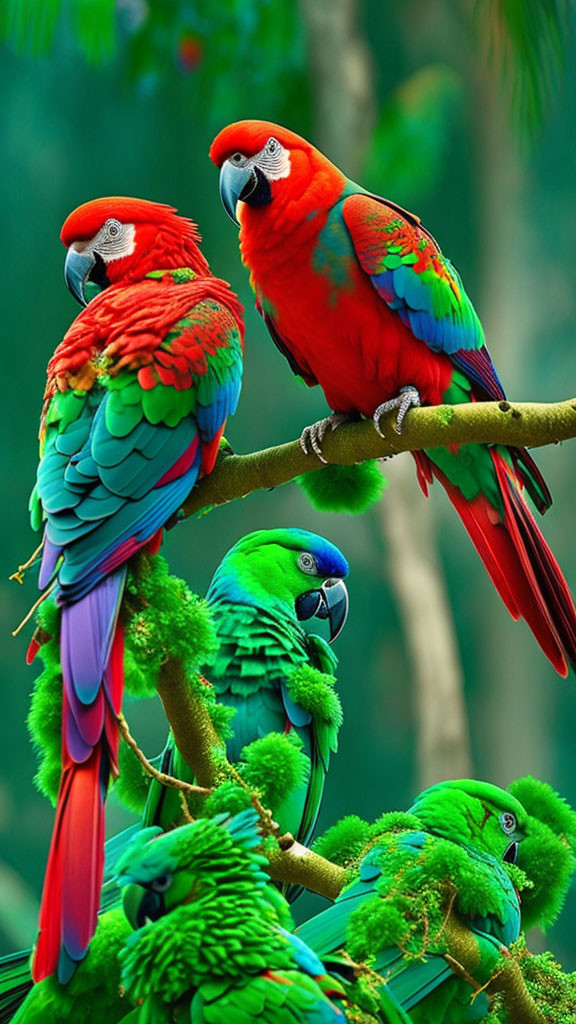 Colorful Macaws Perched on Branch in Green Setting