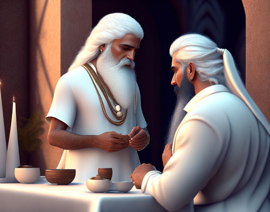 Elderly animated men in contemplative setting