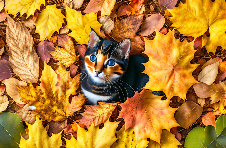 Calico Cat with Blue Eyes in Autumn Leaves