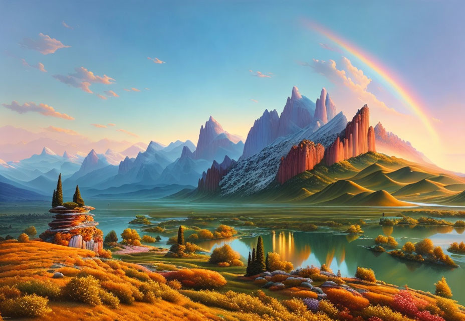 Colorful landscape with rainbow, lake, trees, peaks & hills.