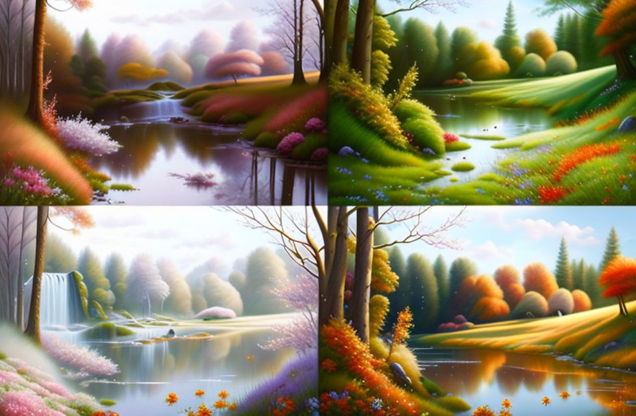 Seasonal fantasy landscapes with vibrant flora and serene water bodies