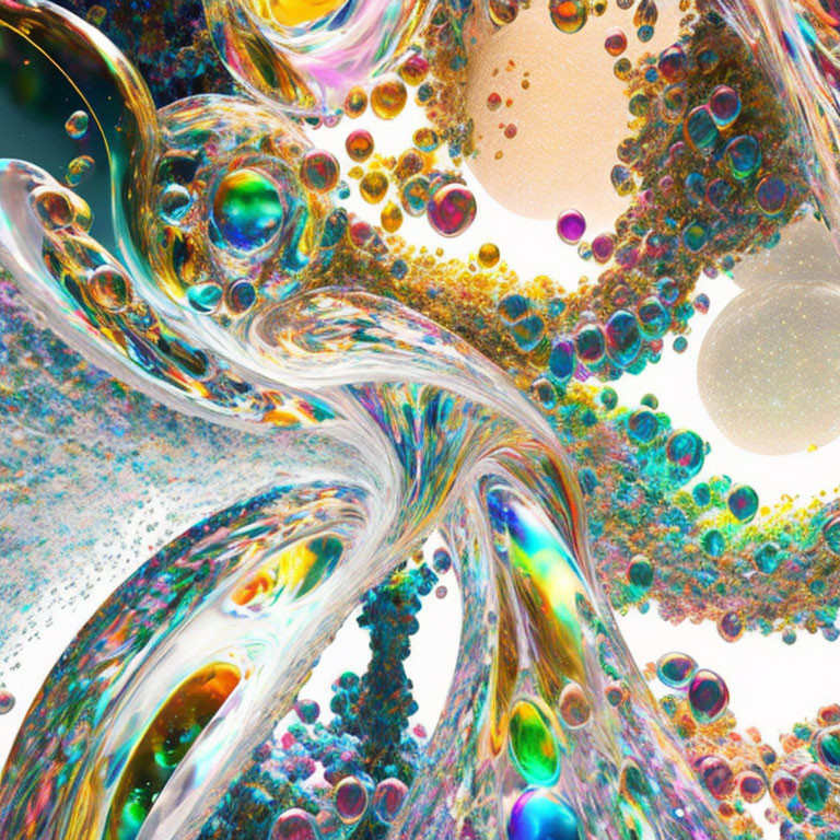 Vibrant swirling patterns and bubbles on colorful backdrop