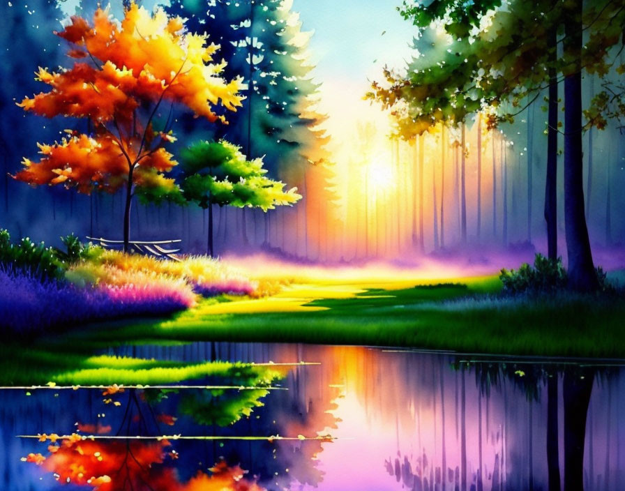 Autumn forest painting: serene lake, misty sunlight, colorful foliage