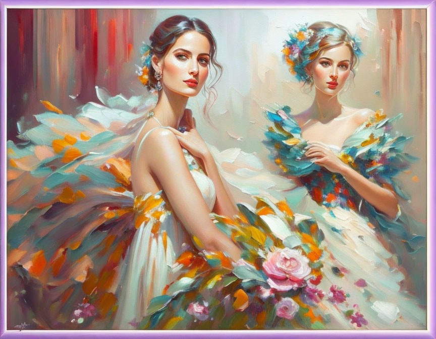 Two Women in Ethereal Dresses with Colorful Floral Accents