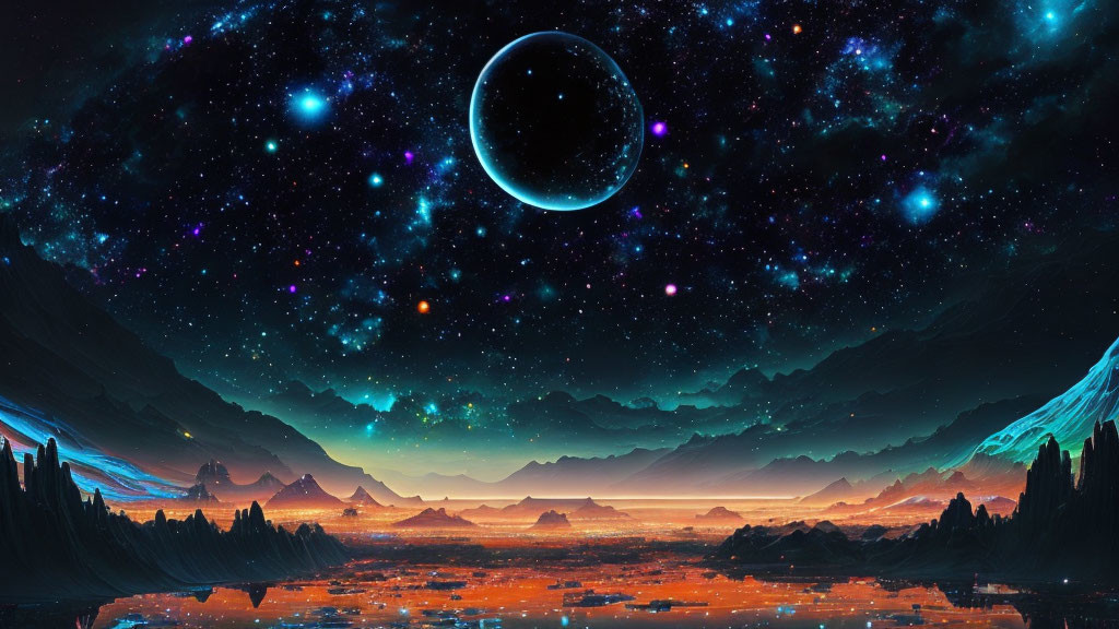 Colorful celestial digital art: planet, stars, nebula, alien landscape.