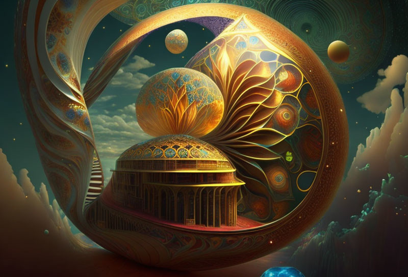 Fantasy cosmic scene with ornate building and surreal looping structure