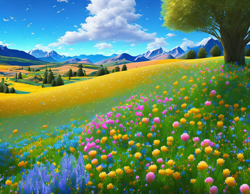 Colorful meadow with lone tree, rolling hills, and snow-capped mountains under cloudy sky