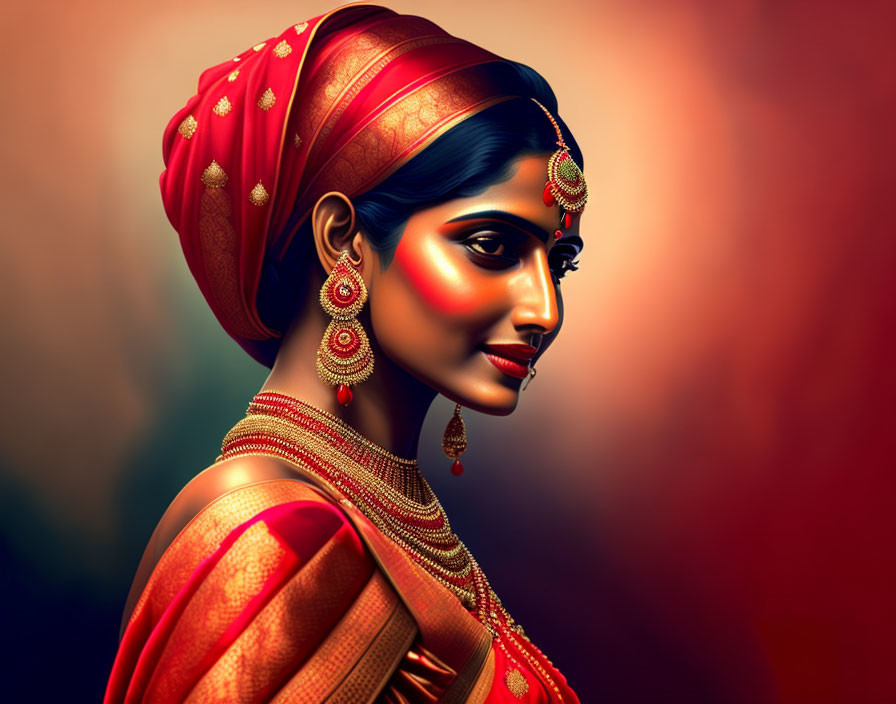 Traditional Indian Bridal Attire with Gold Jewelry and Red Headpiece