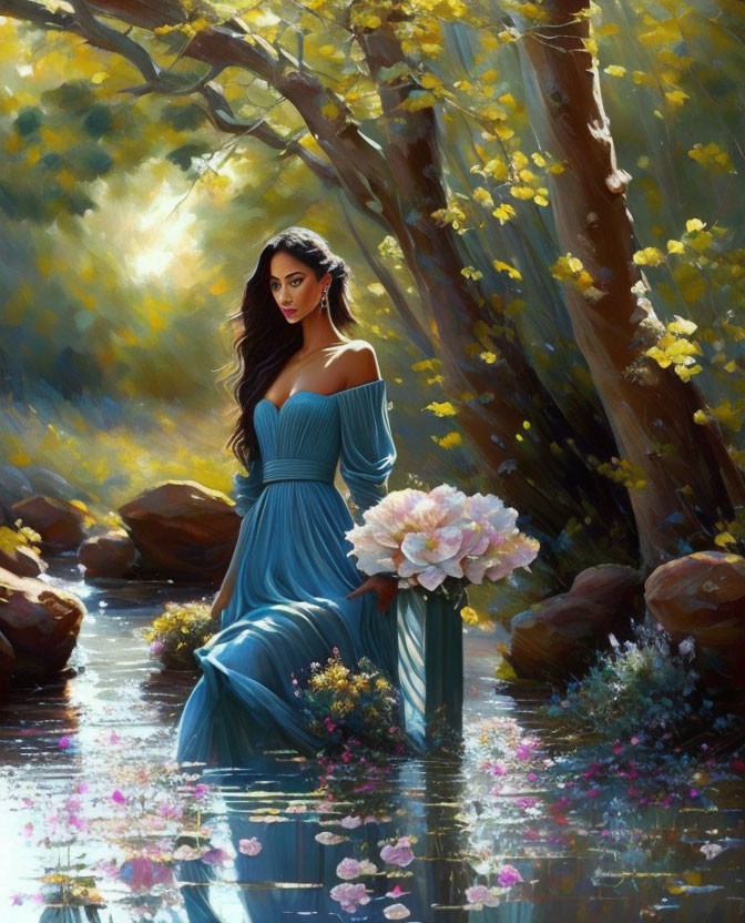 Woman in flowing blue dress by serene forest pond with blooming flowers