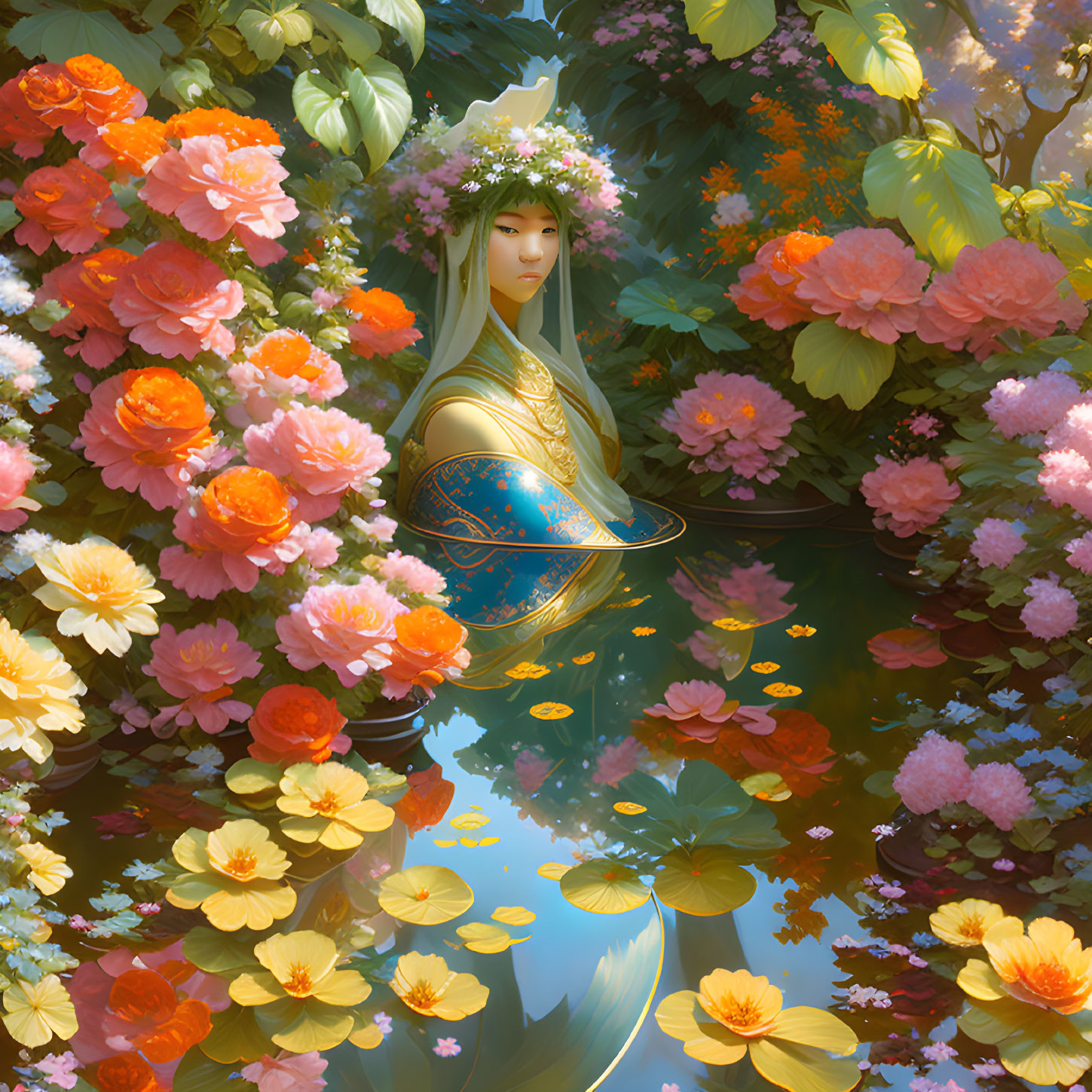 Woman in floral crown by pond with lush flowers and reflections