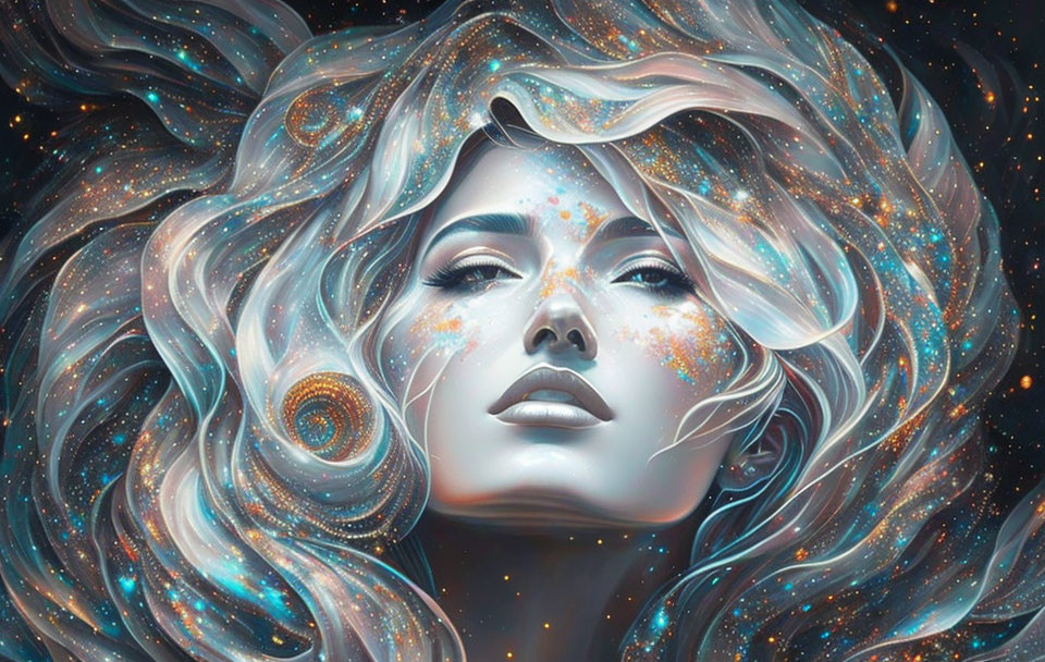 Woman with Cosmic Hair and Universe Integration