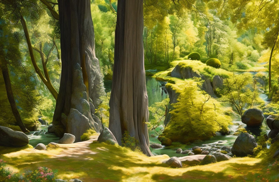 Lush forest scenery with tall trees, brook, sunlit clearings, and moss-covered stones