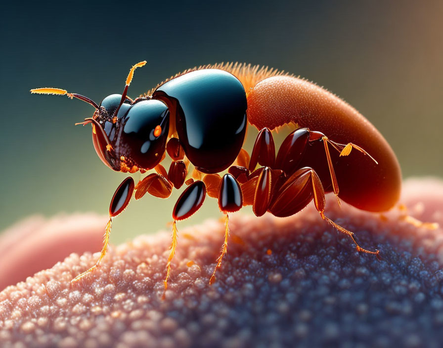 Close-up view of ant on textured surface under warm sunlight