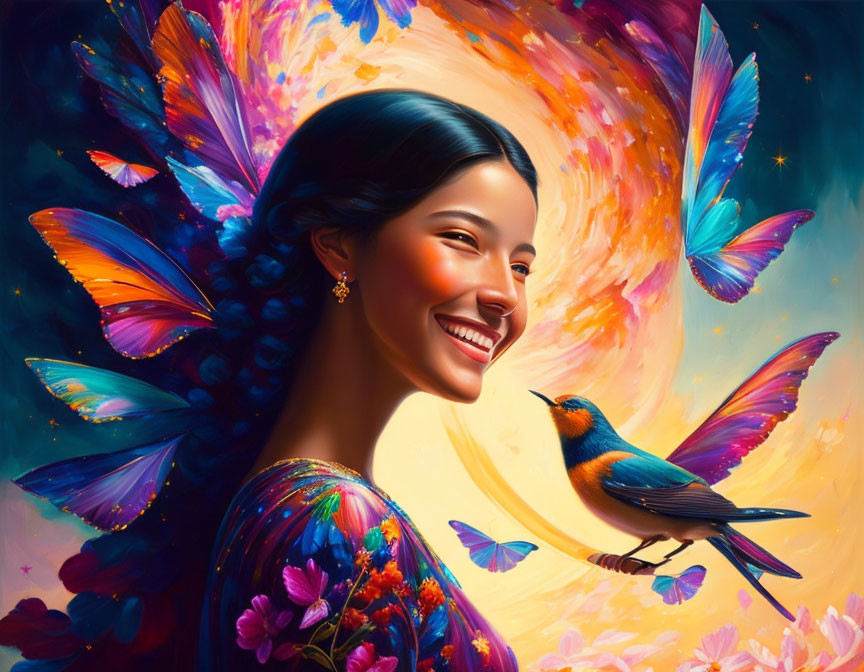 Colorful butterfly wings portrait of a smiling woman with bird in hand