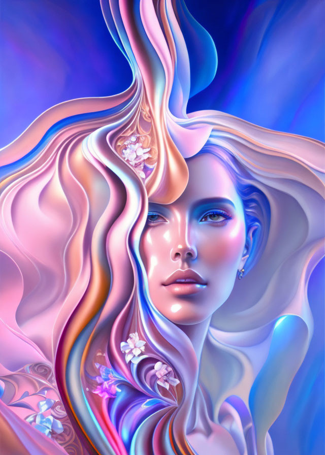 Colorful digital artwork: Female figure with flowing forms and floral elements