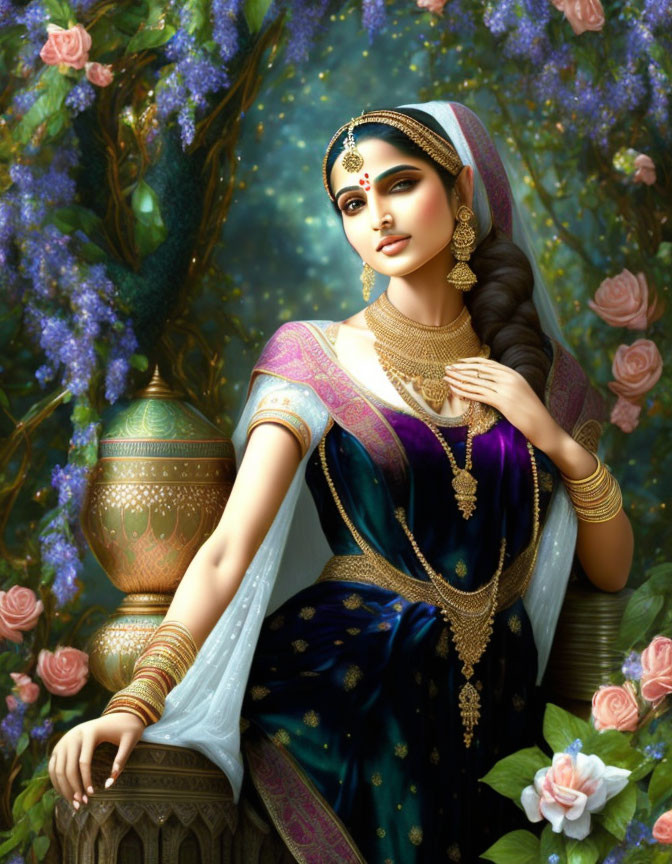 Digital artwork: Woman in Indian attire with peacock and roses