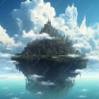 Floating island with mountain, trees, waterfalls, calm sea, boats, birds, clouds, and