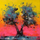 Colorful painting of twisted tree in vibrant forest scene