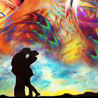 Colorful Psychedelic Silhouette Embrace Against Swirling Background