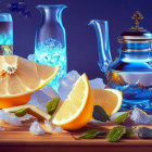 Glass of water, teapot, fruits, pitcher, and drapery on reflective surface