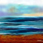 Colorful Seascape Painting with Blue Waves, Sky Gradient, and Sandy Shore