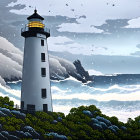 Dramatic lighthouse scene with storm clouds and crashing waves