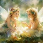 Angelic Figures with Wings in Heavenly Garden Setting