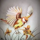 Colorful Stylized Bird Perched on Flowering Branch on Brown Background