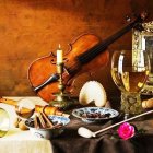 Classic Still Life with Violin, Clock, Urns, Grapes & Flower