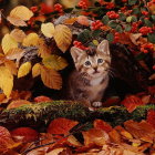 Blue-eyed kitten amidst autumn leaves and brown stripes