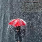 Person with red umbrella walking in rainy city street with red traffic lights and classic architecture.