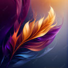 Vibrant Abstract Art: Fluid Feather-like Shapes in Purple, Orange, and Gold on Gradient Background