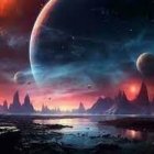 Colorful sci-fi scene: alien plants, reflective waters, majestic planets.